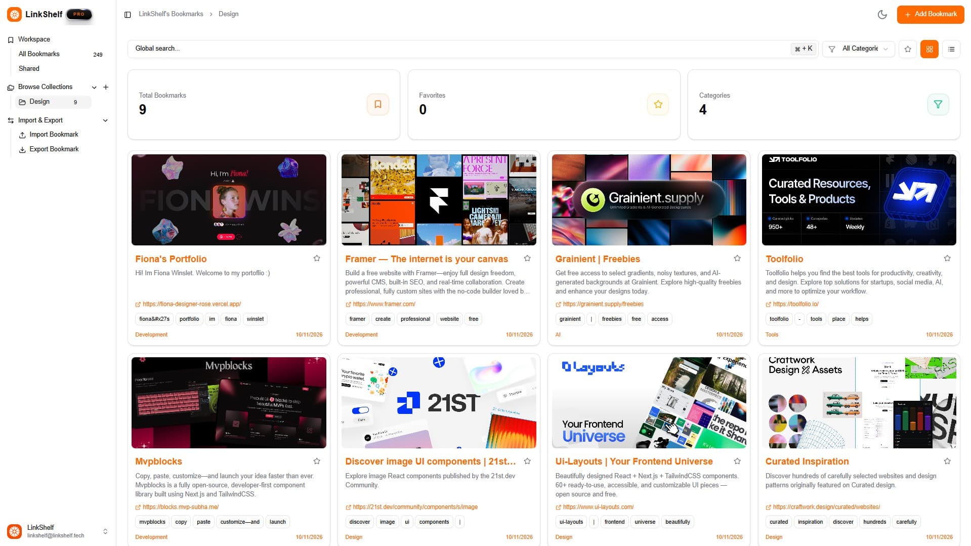 LinkShelf dashboard preview showing bookmark management interface in light mode